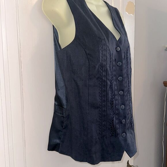 Vintage Bridgewater Classics Dark Navy Blue Embroidered Linen Vest - Picture 5 of 8